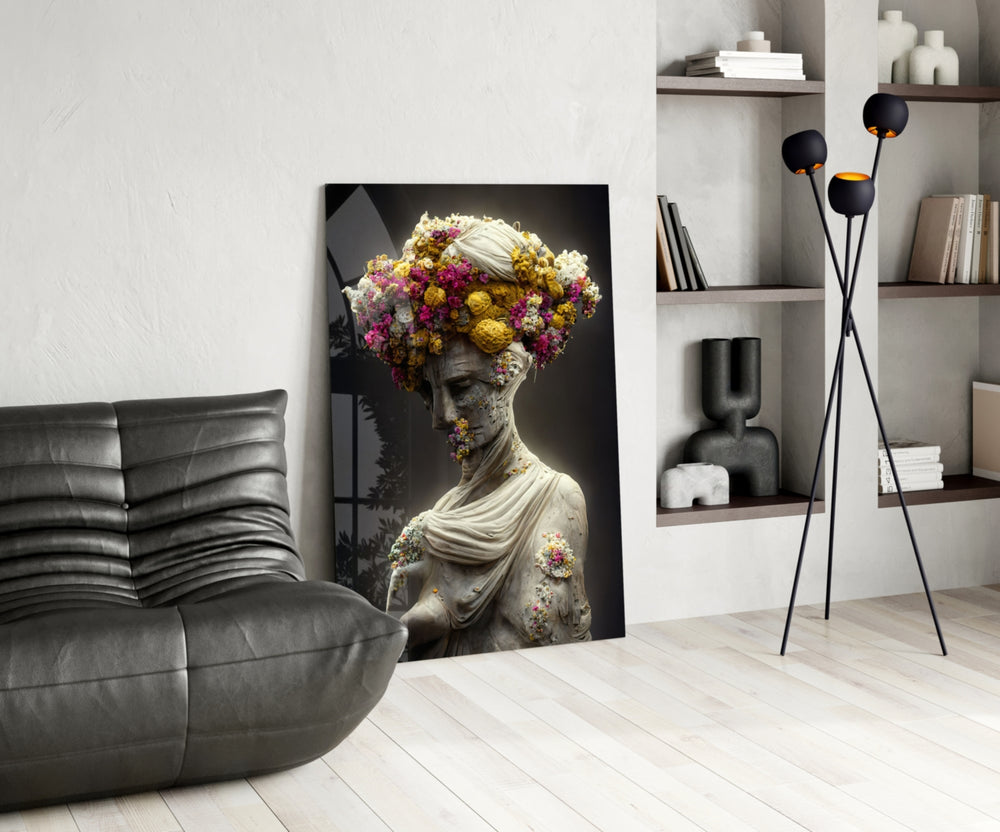 Abandoned Statue glass print enhancing a study with cinematic warmth