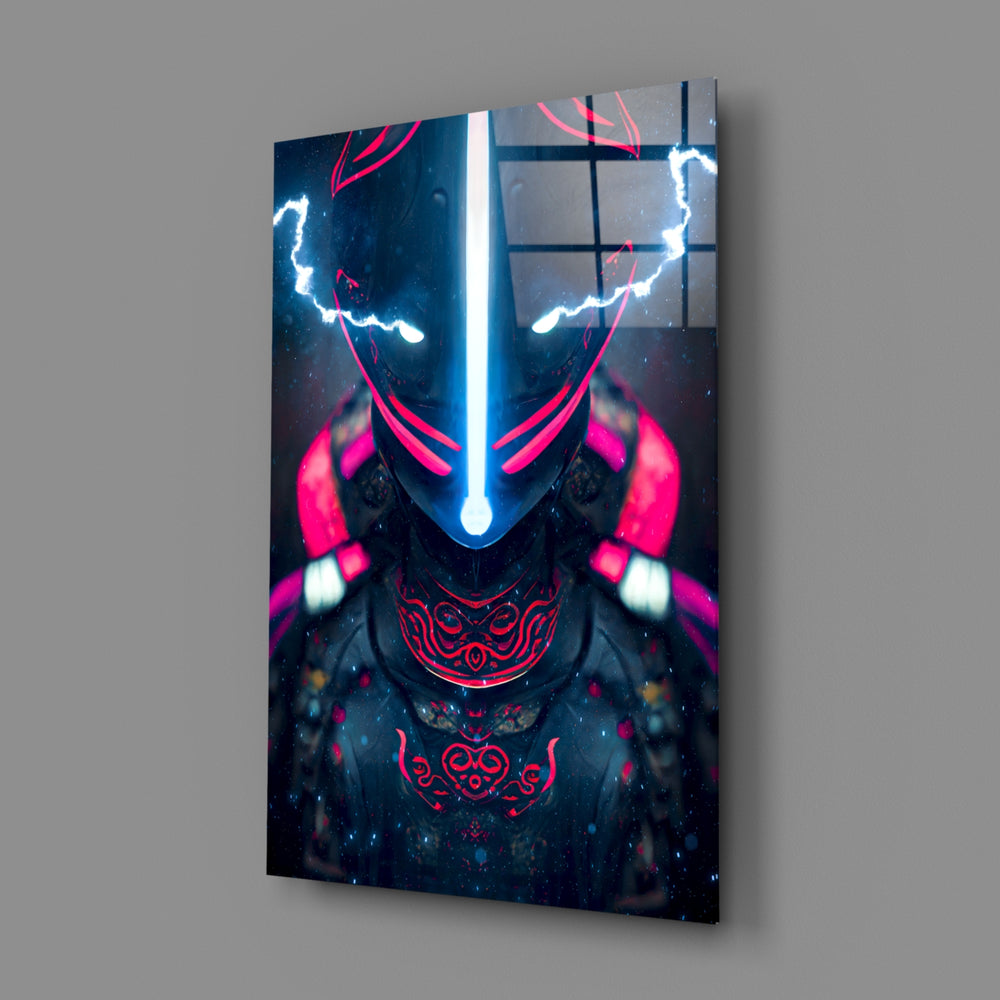 Thunder Fighter close-up showing samurai with neon-magenta horns and white katana