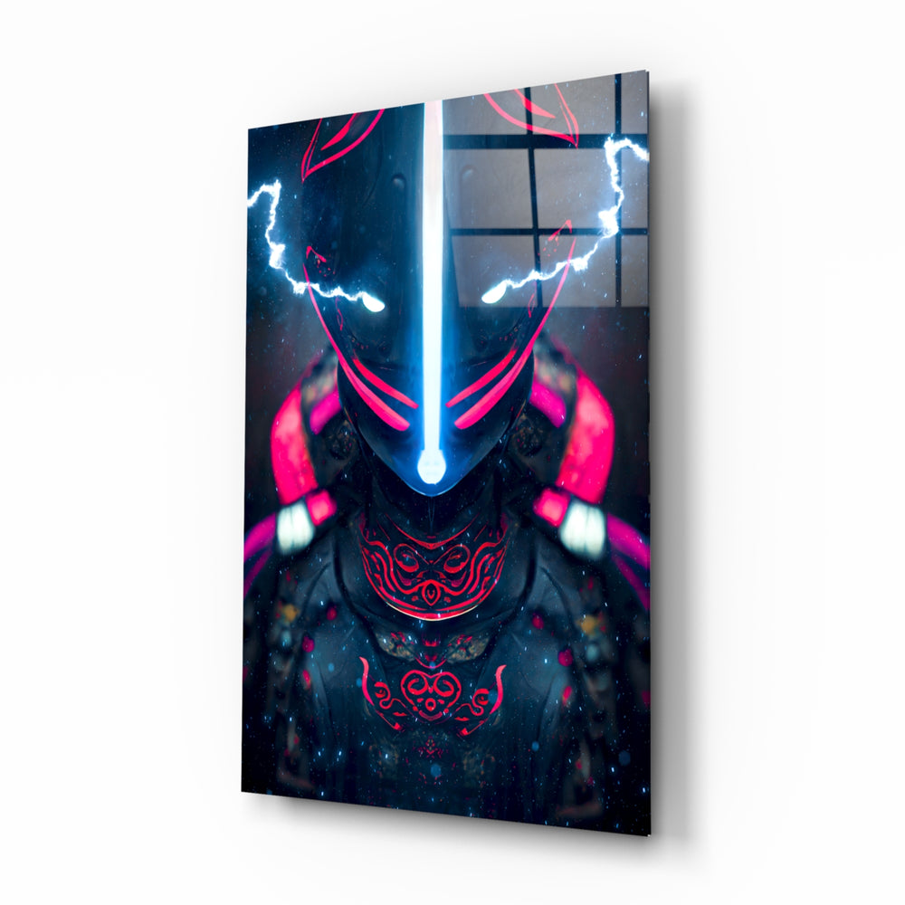 Cyberpunk-fantasy panel bringing electric menace to a contemporary gaming room