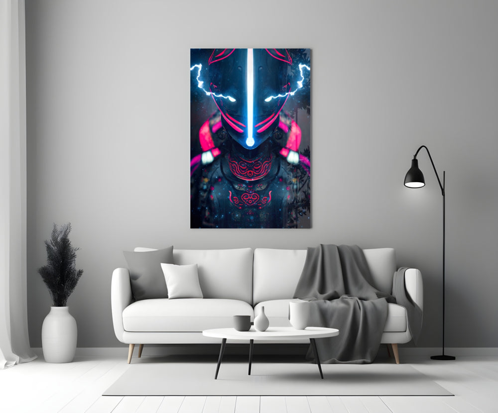 Thunder Fighter glass wall art styled above a console in a man cave