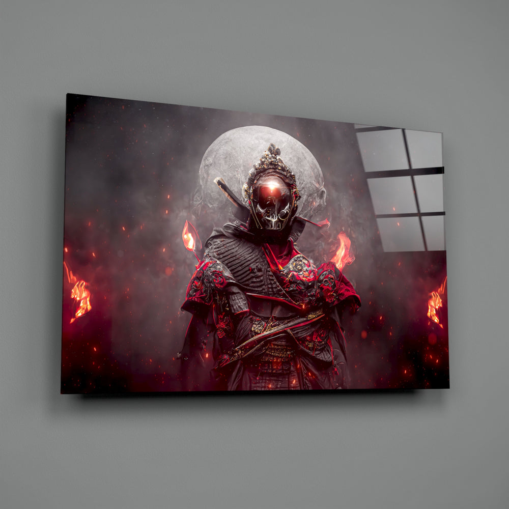 Fire Fighter close-up showing skull samurai in crimson armor wreathed in fire under moon