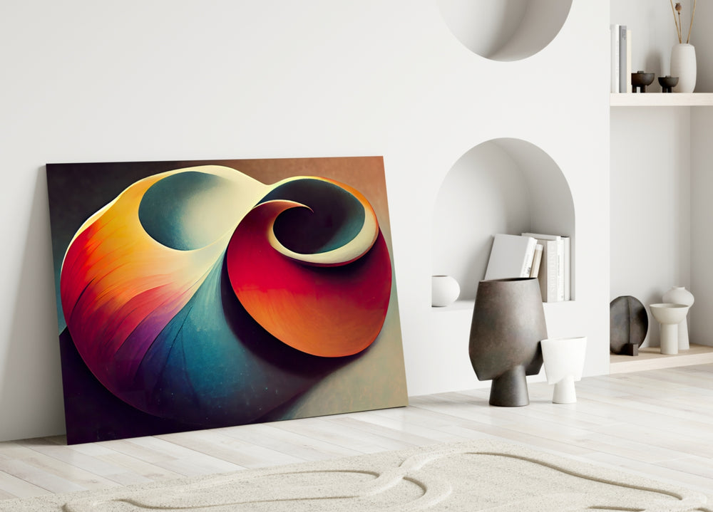 The Shell glass wall art styled above a bed in a bedroom