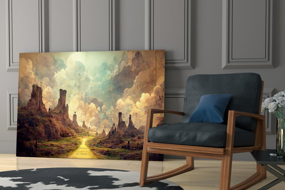 Road to the End artwork anchoring a wall with warm fantasy palette