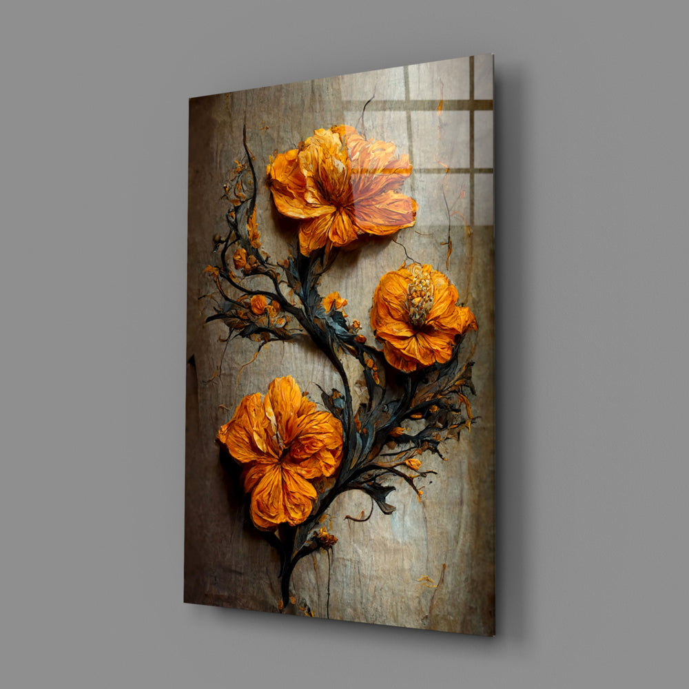 Timeless Flowers close-up showing saffron blooms on indigo branches over patina plaster