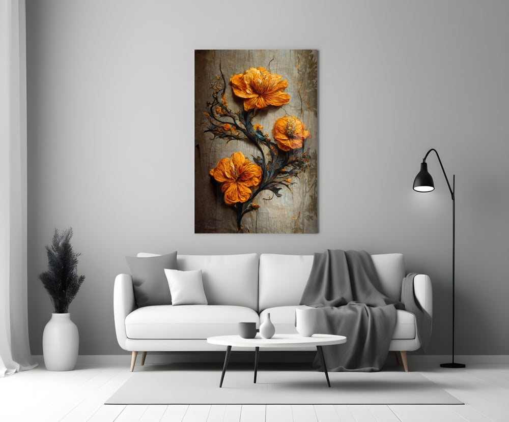 Timeless Flowers glass wall art styled above a sideboard in a dining room