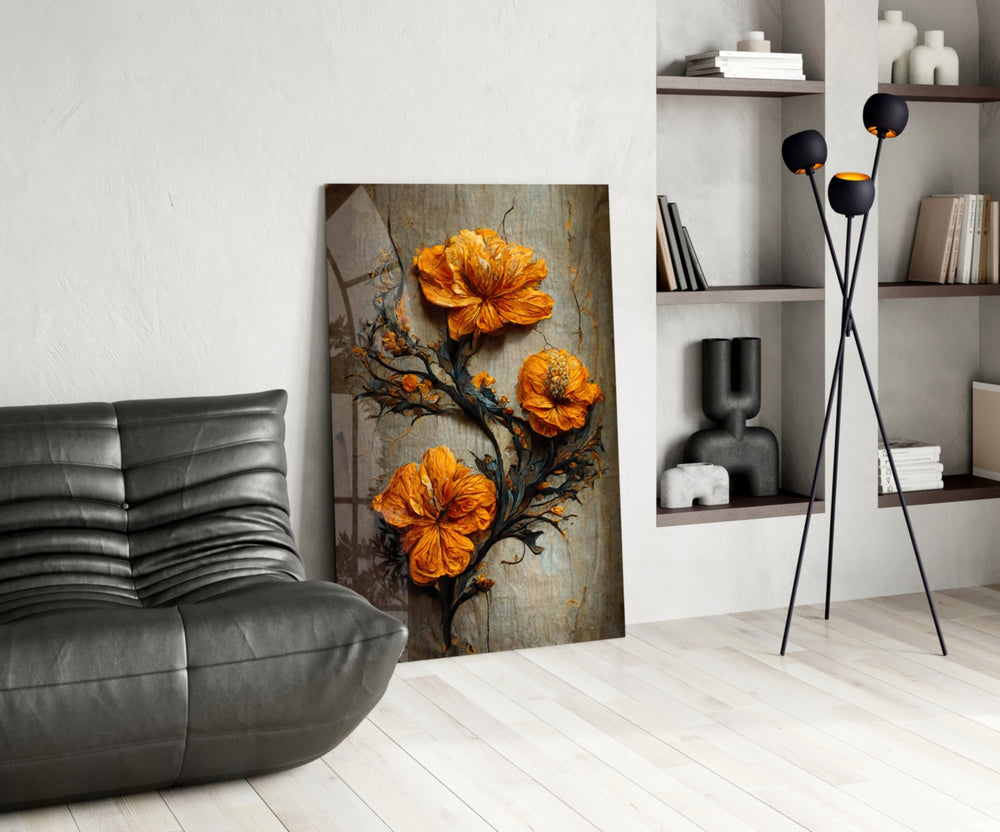 Timeless Flowers glass print enhancing a foyer with cinematic warmth