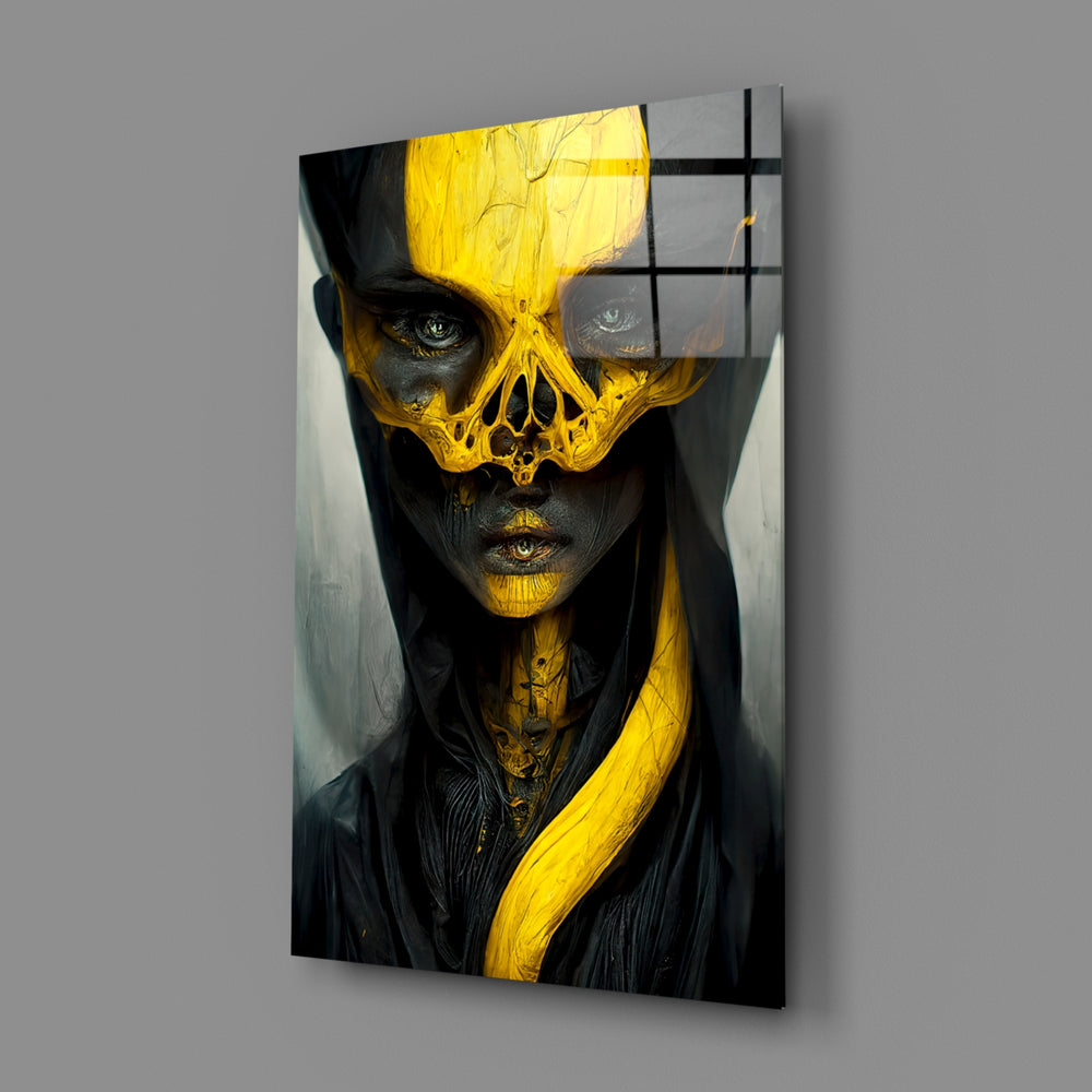 Aboriginal close-up showing hooded figure with saffron skull mask painted on face