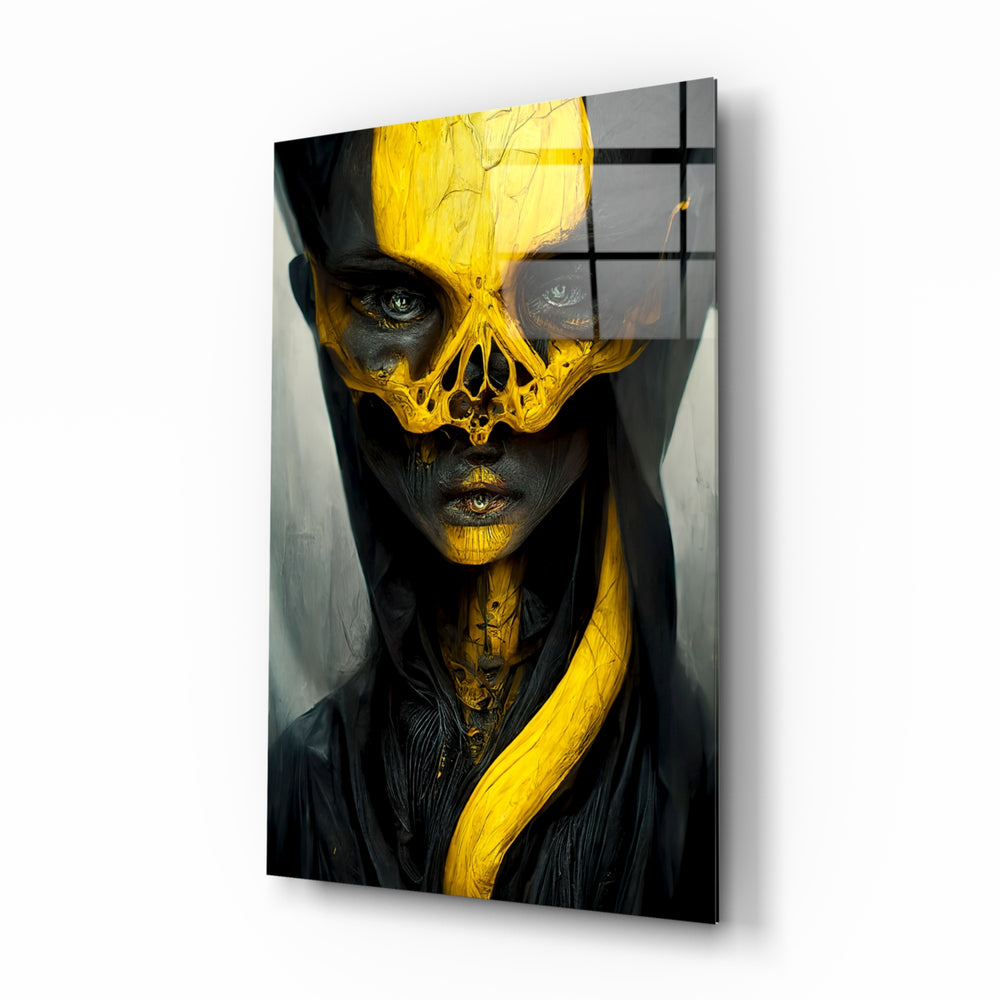 Surreal-portrait panel bringing ritual gravity to a contemporary lounge