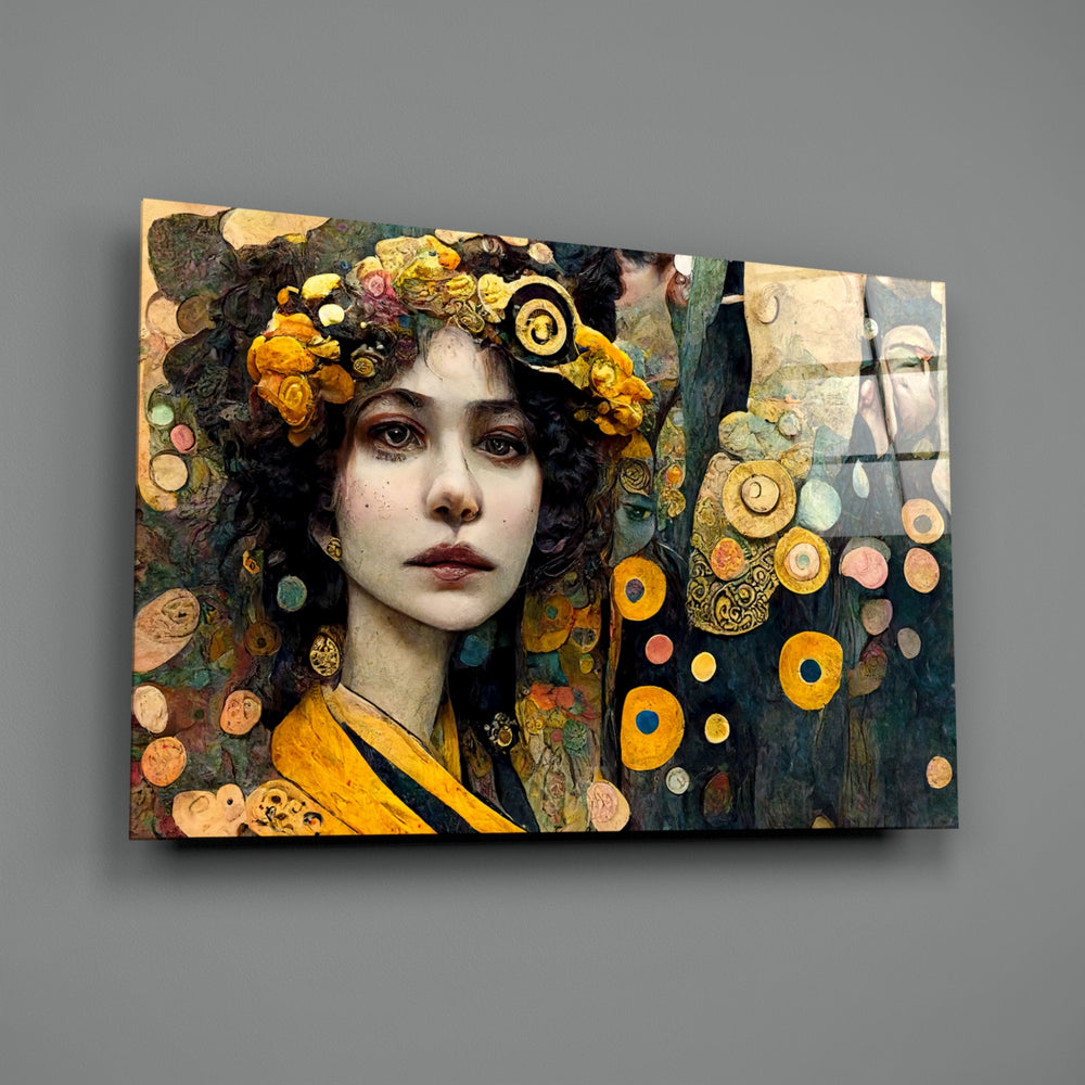 The Stance close-up showing Klimt-inspired woman with floral crown and gilded mosaic