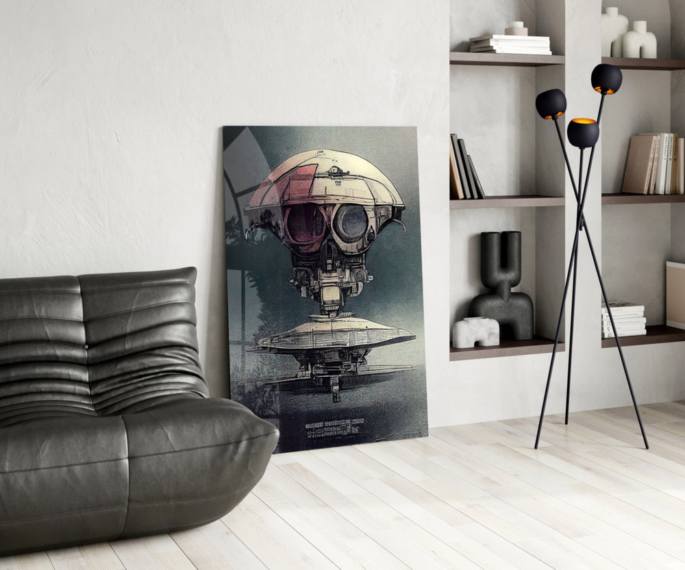 The Arrival glass print enhancing a library with cinematic warmth