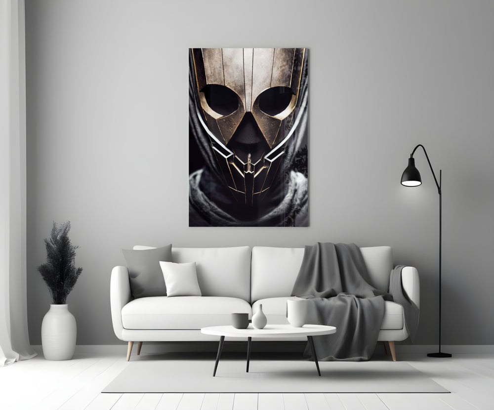 Peace Fighter glass wall art styled above a console in a hallway