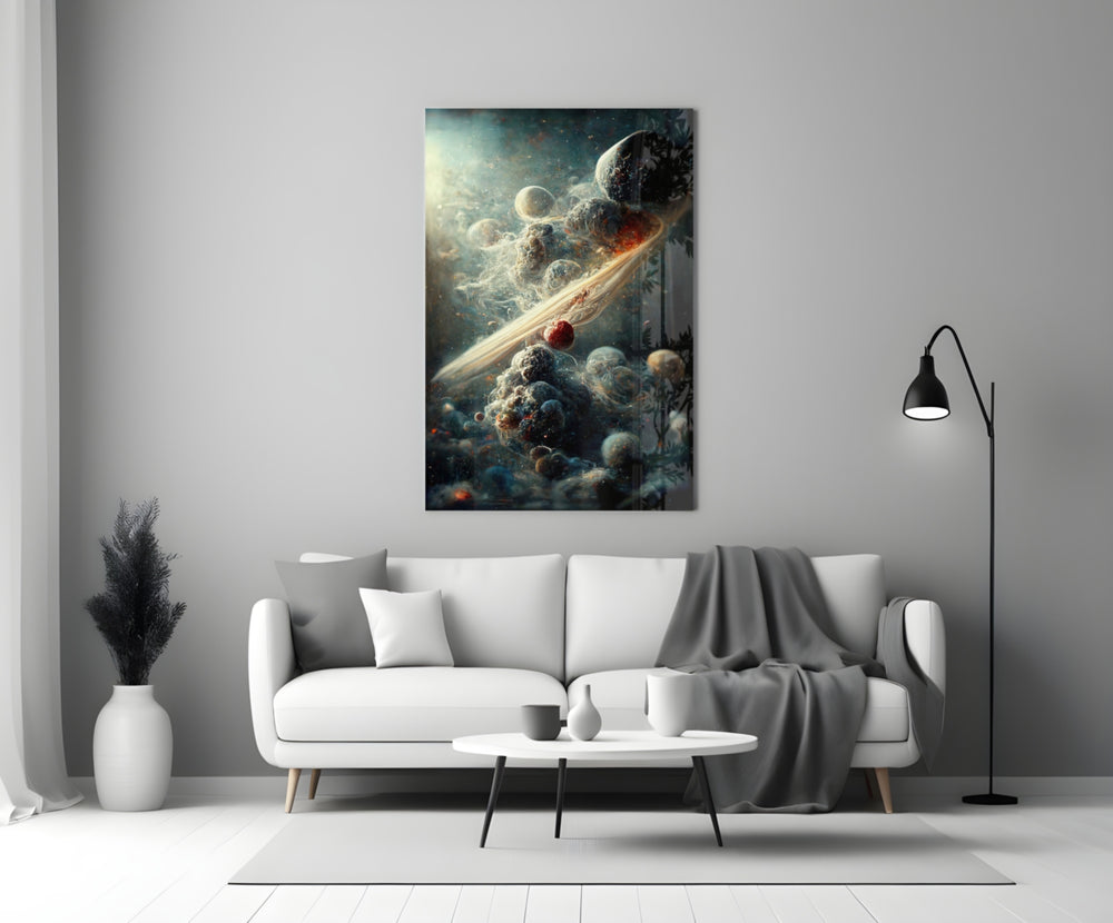 Small Bang glass wall art styled above a desk in a study