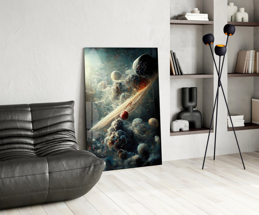 Small Bang glass print enhancing a hallway with cinematic mood