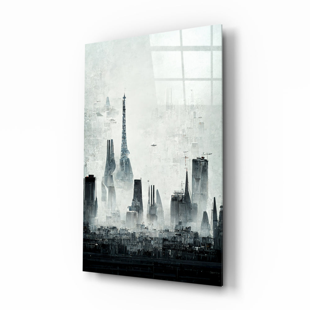 Modernist-cityscape panel bringing haunting calm to a contemporary lounge