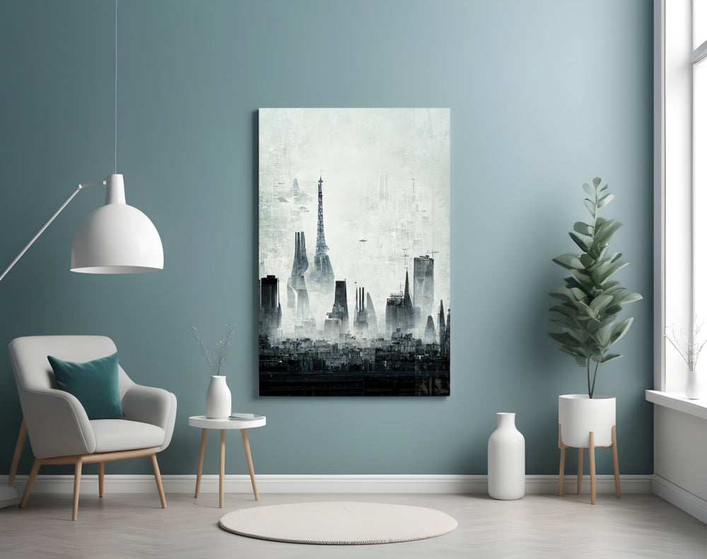 Old City Silhouette panel adding editorial calm to a hallway
