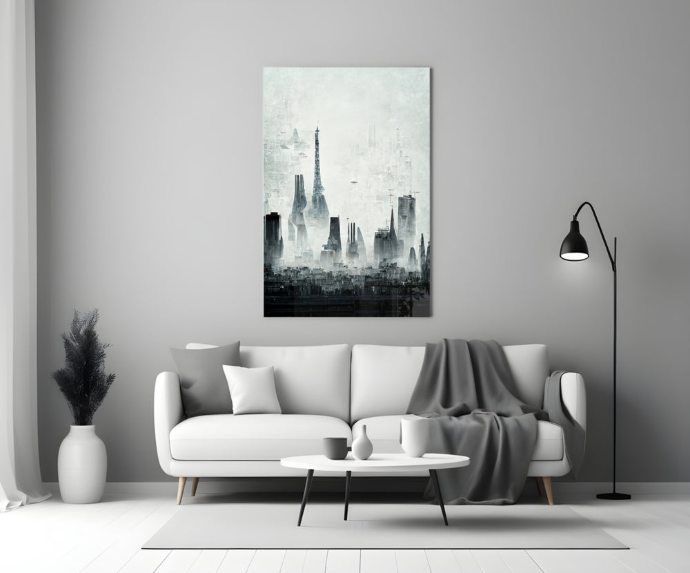 Old City Silhouette glass wall art styled above a desk in an office
