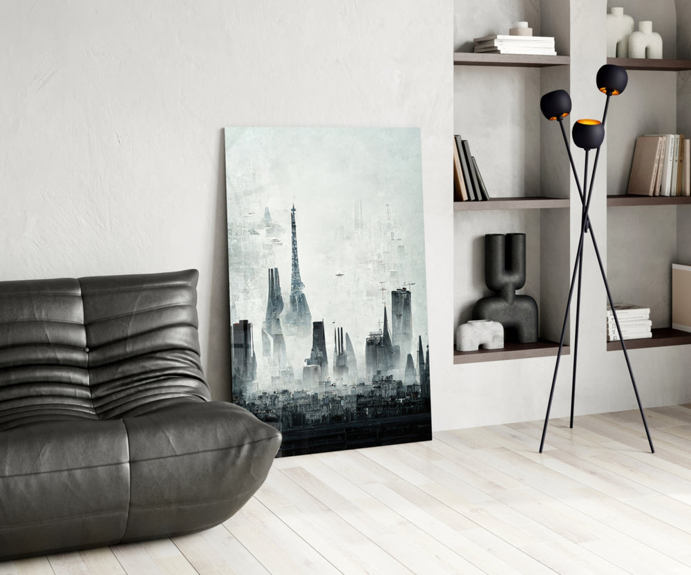 Old City Silhouette glass print enhancing a study with cinematic warmth