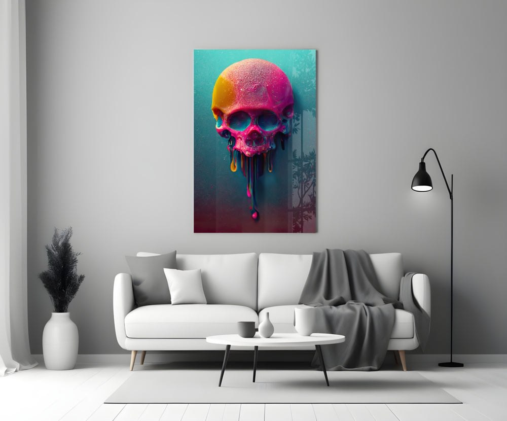 Melt of the Skull glass wall art styled above a desk in a man cave