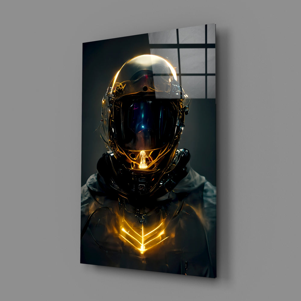 Back to the Space close-up showing chrome-bubble helmet with amber chevron glow