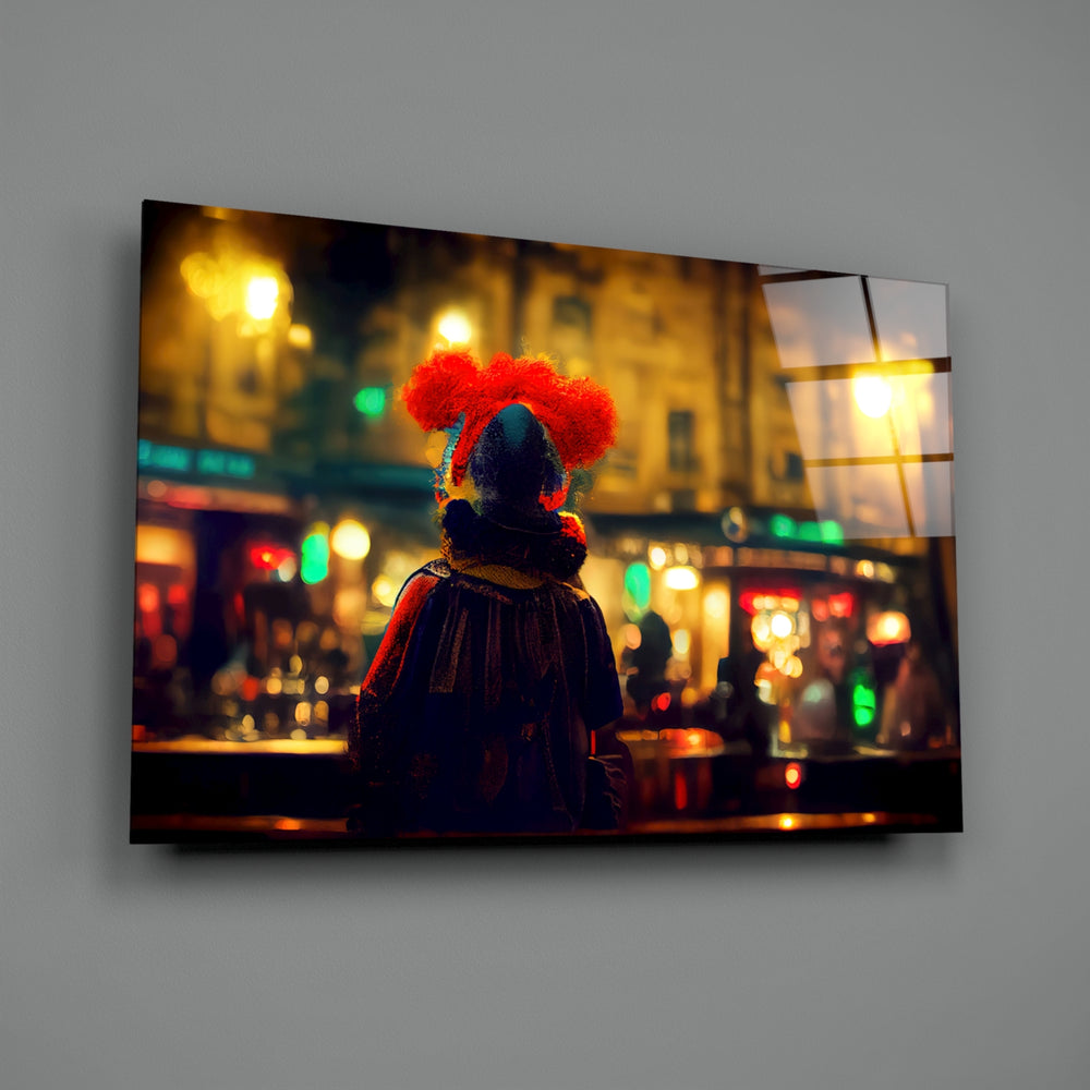 Fun close-up showing clown with crimson afro at glowing café bar in painterly bokeh