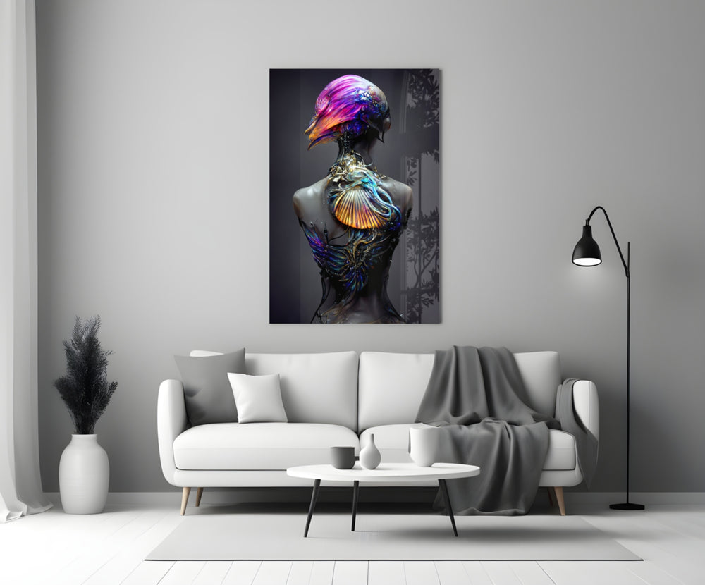 Mutation glass wall art styled above a bed in a bedroom