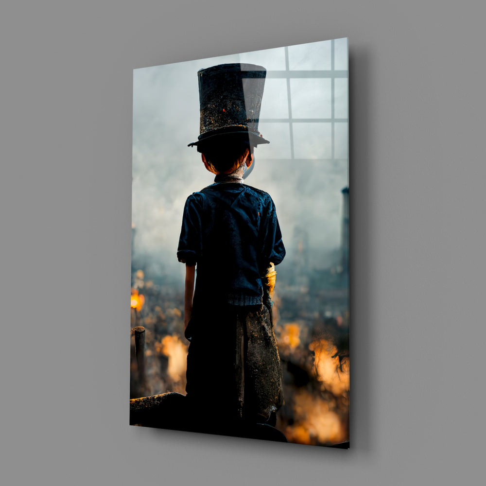 Burning the Past close-up showing boy in oversized top hat watching burning city
