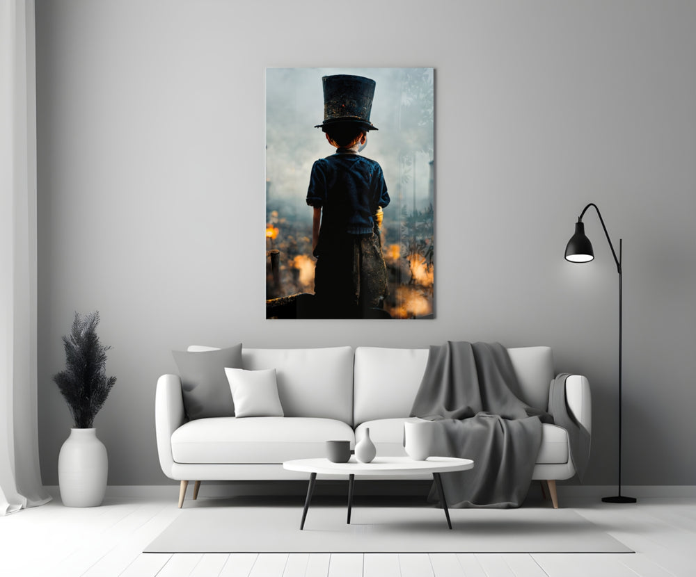 Burning the Past glass wall art styled above a console in a hallway