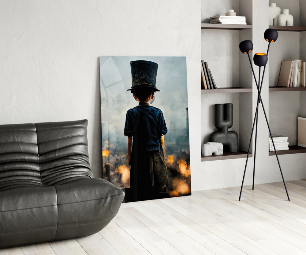 Burning the Past glass print enhancing a library with cinematic mood