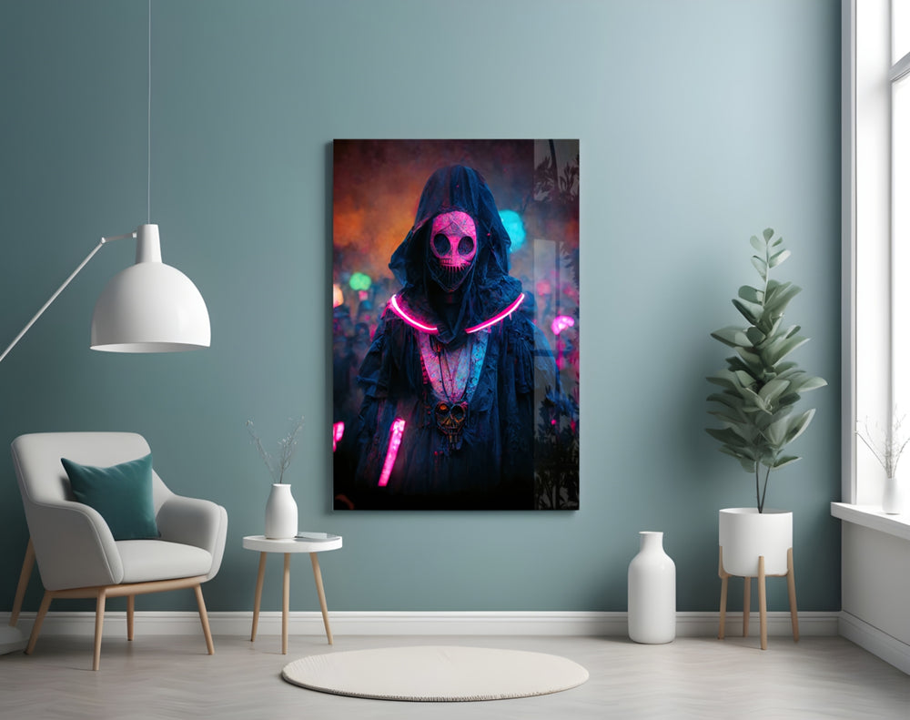 Shaman of the New World glass wall art styled above a desk in a man cave