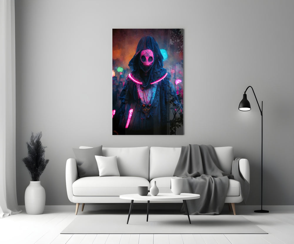 Shaman of the New World close-up showing hooded figure with magenta alien skull face