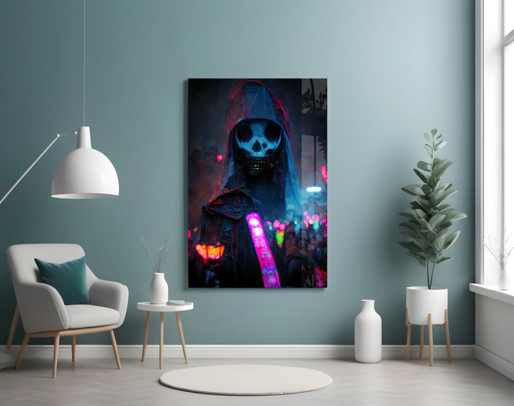 Shaman of the New World glass wall art styled above a desk in a man cave