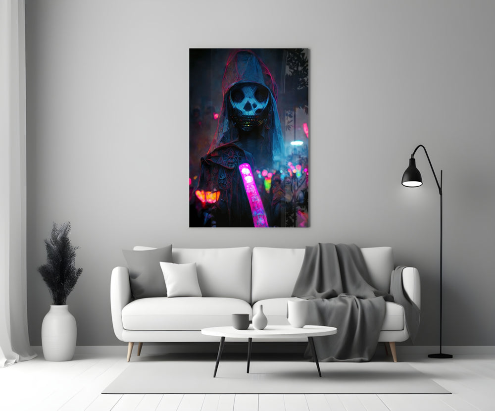 Shaman of the New World close-up showing hooded skeleton with magenta light-stick