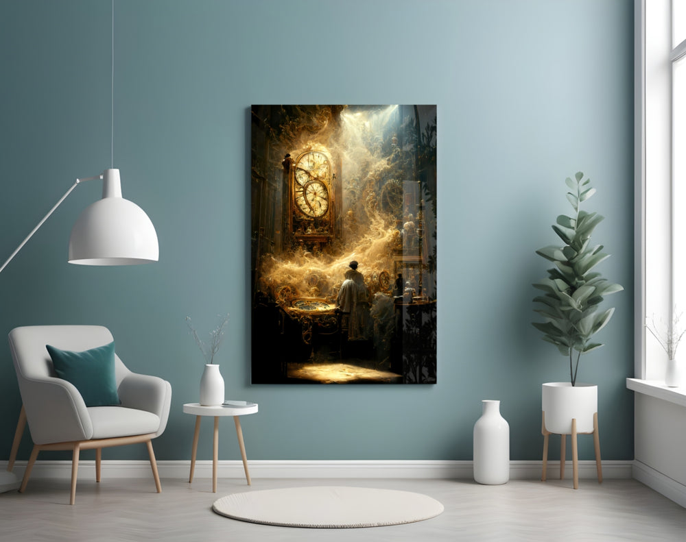 Time Flow glass wall art styled above a console in a library