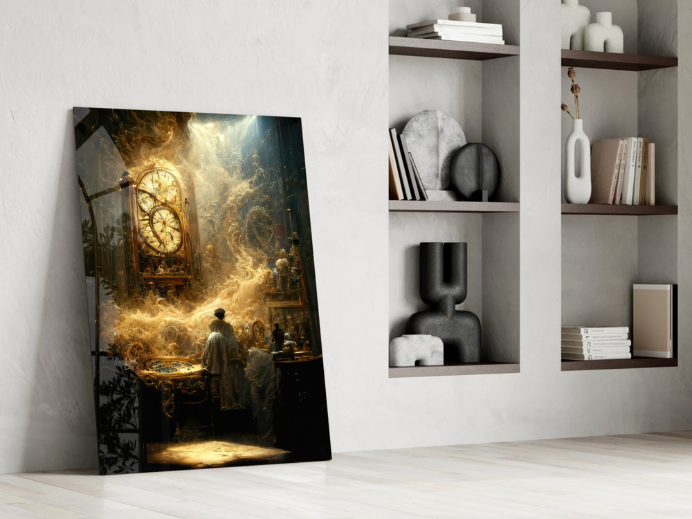 Time Flow glass print enhancing an office with cinematic warmth