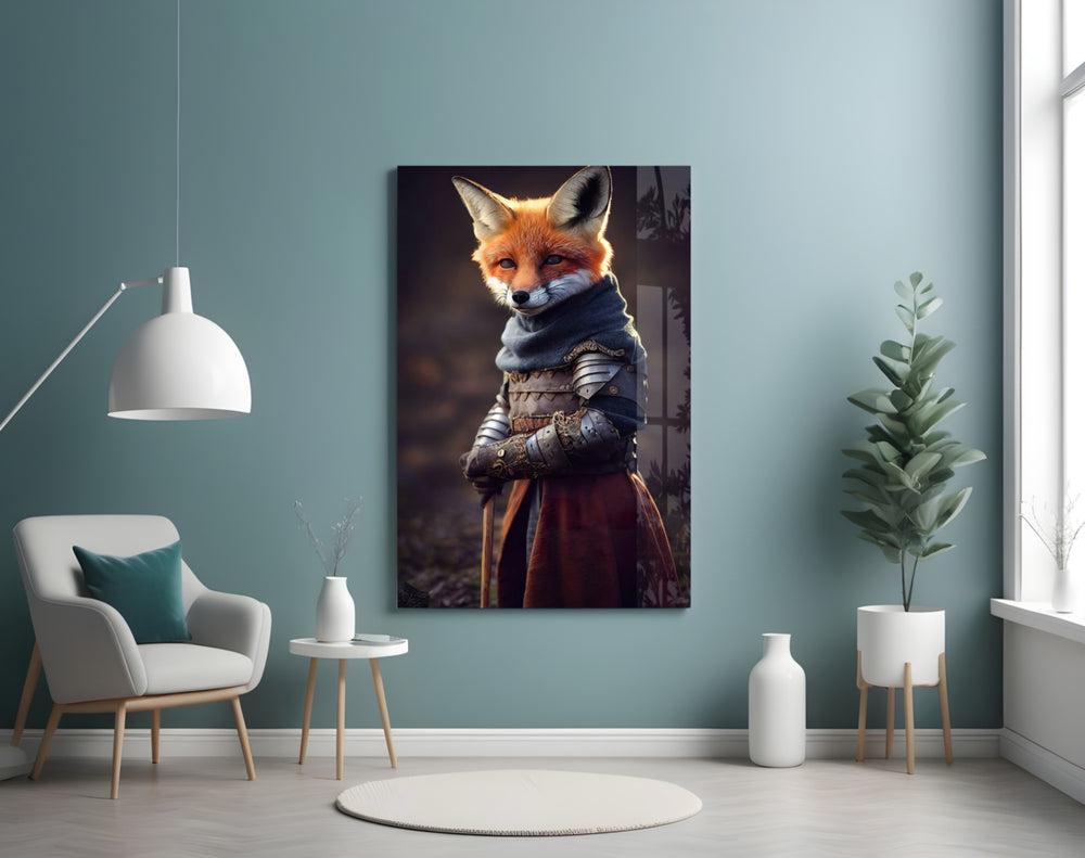 The Fox glass wall art styled above a console in a study