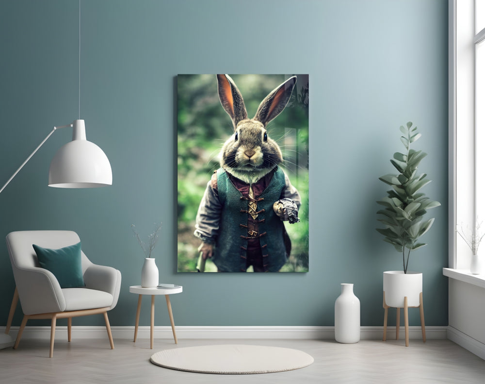 The Rabbit glass wall art styled above a console in a hallway