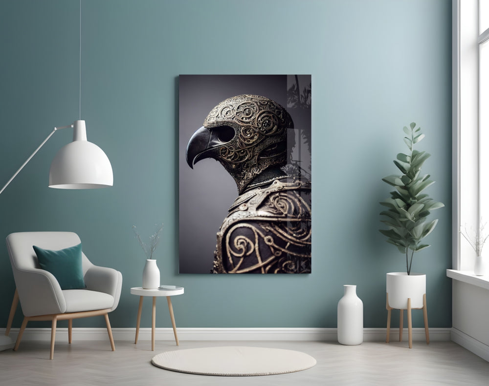 The Bird glass wall art styled above a console in a library