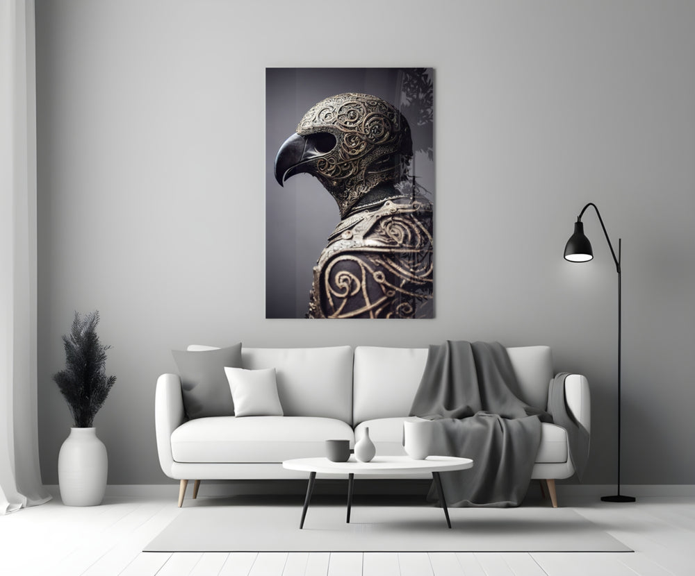 The Bird close-up showing armored falcon in silver filigree helmet