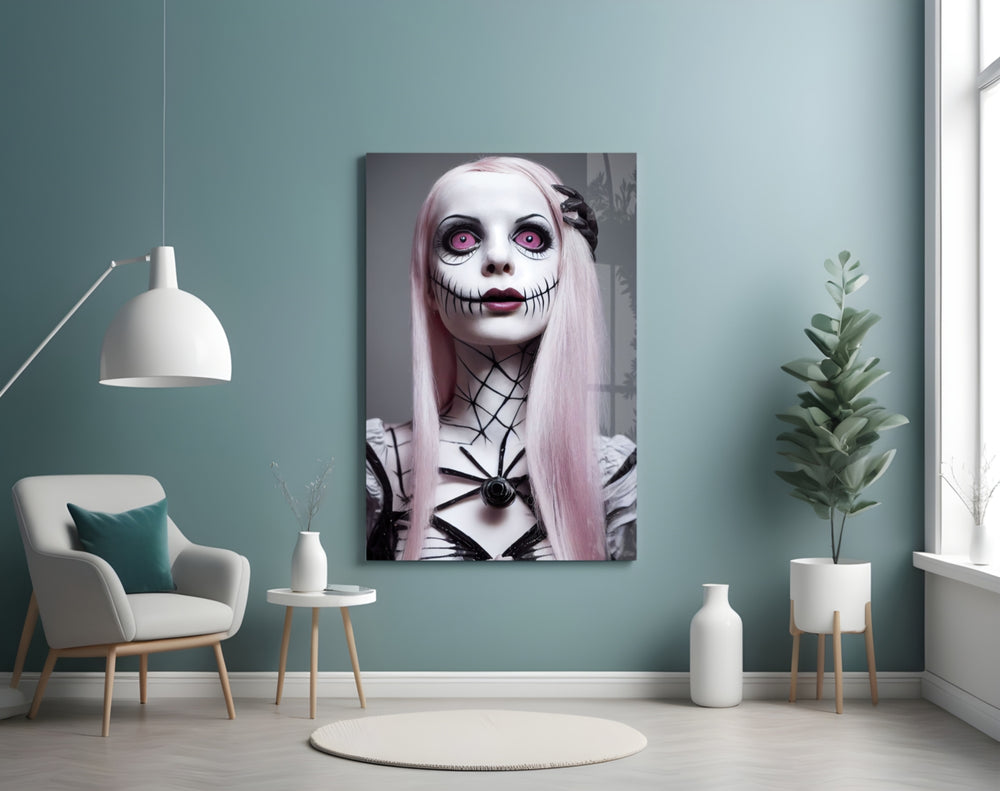 The Puppet glass wall art styled above a console in a hallway