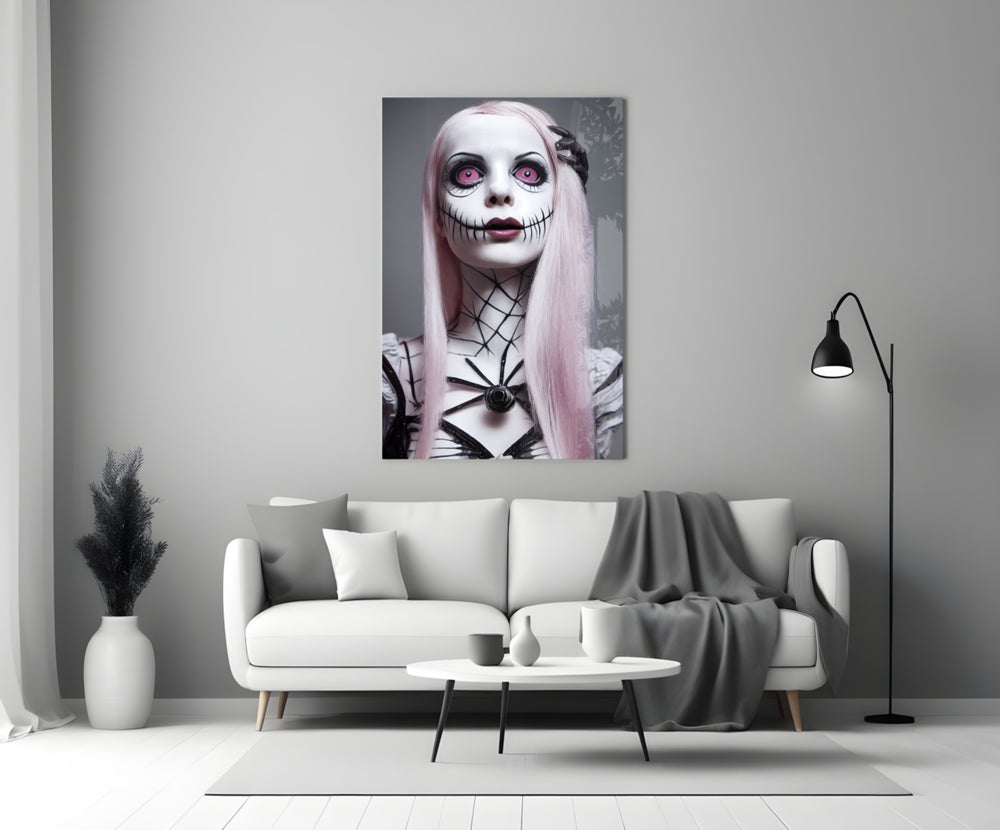 The Puppet close-up showing porcelain figure with stitched-skull mouth and pink eyes