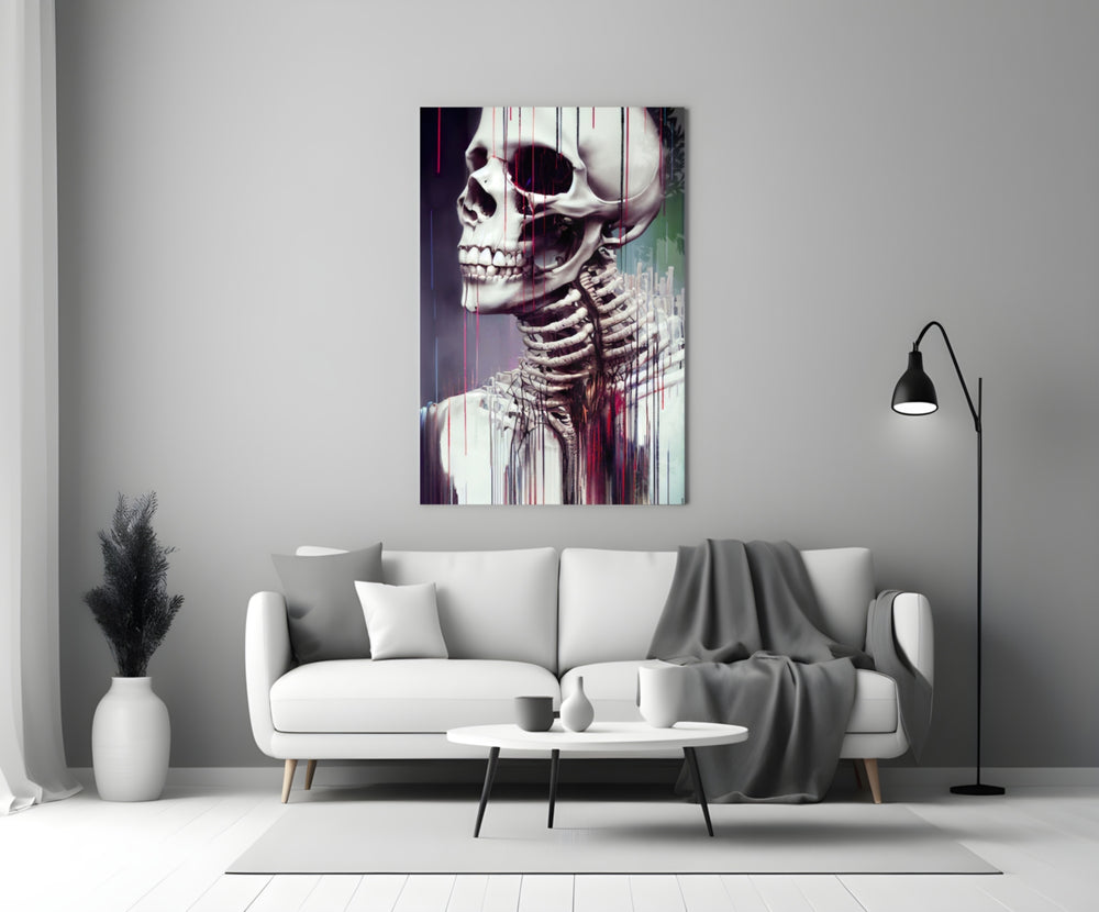 We, In Fact close-up showing skeletal profile with crimson paint drips and glitch streaks