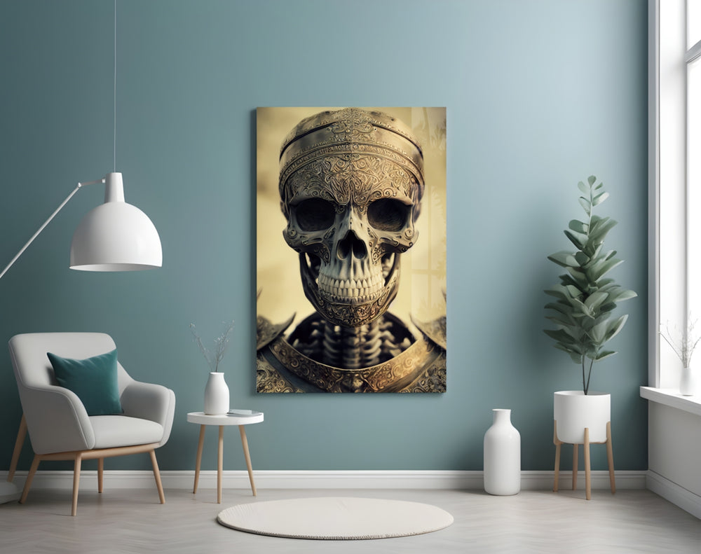 The Immortal Fighter glass wall art styled above a console in a hallway