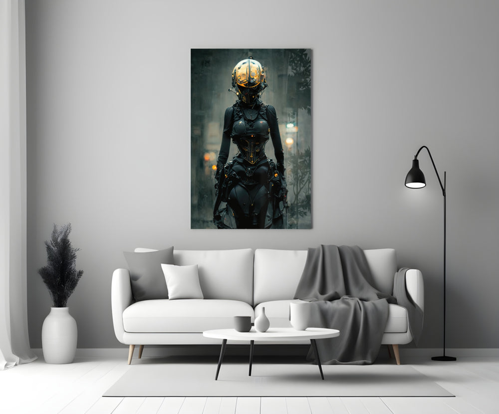 She close-up showing amber dome helmet over matte black exo-armor