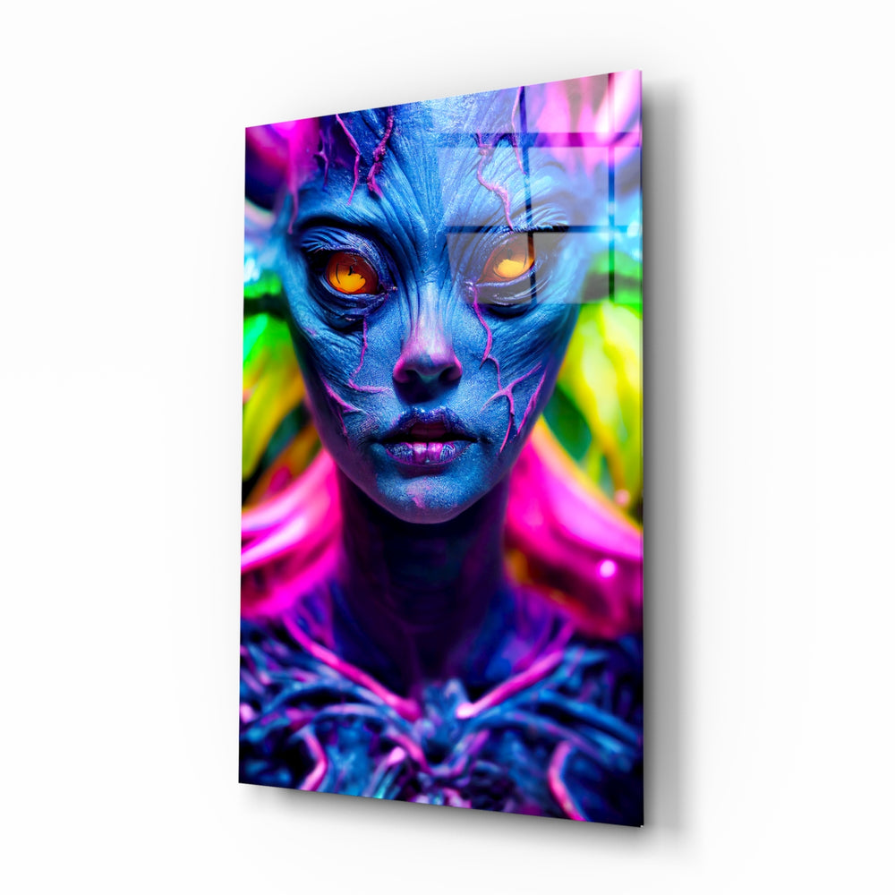 The Native glass wall art displayed above a black desk in a moody gaming room with magenta and green LED strips
