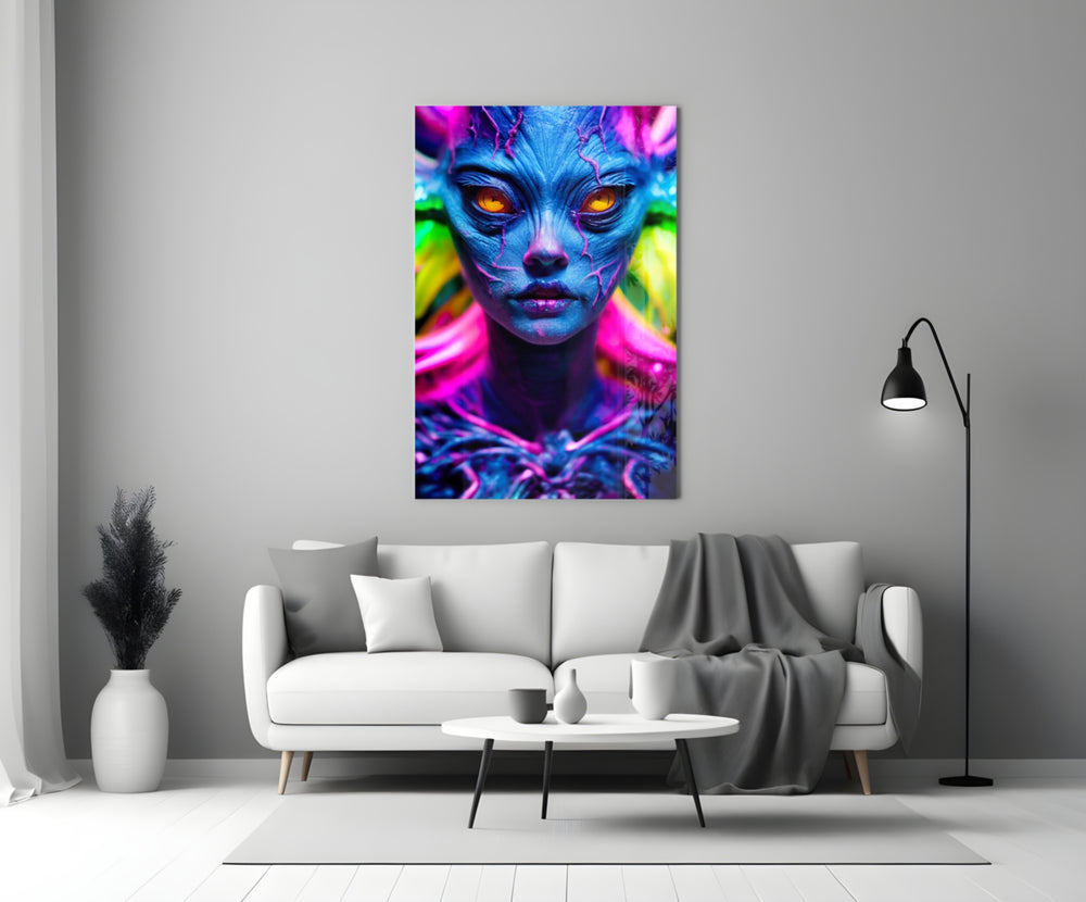 The Native close-up showing blue skin, amber eyes and neon hair