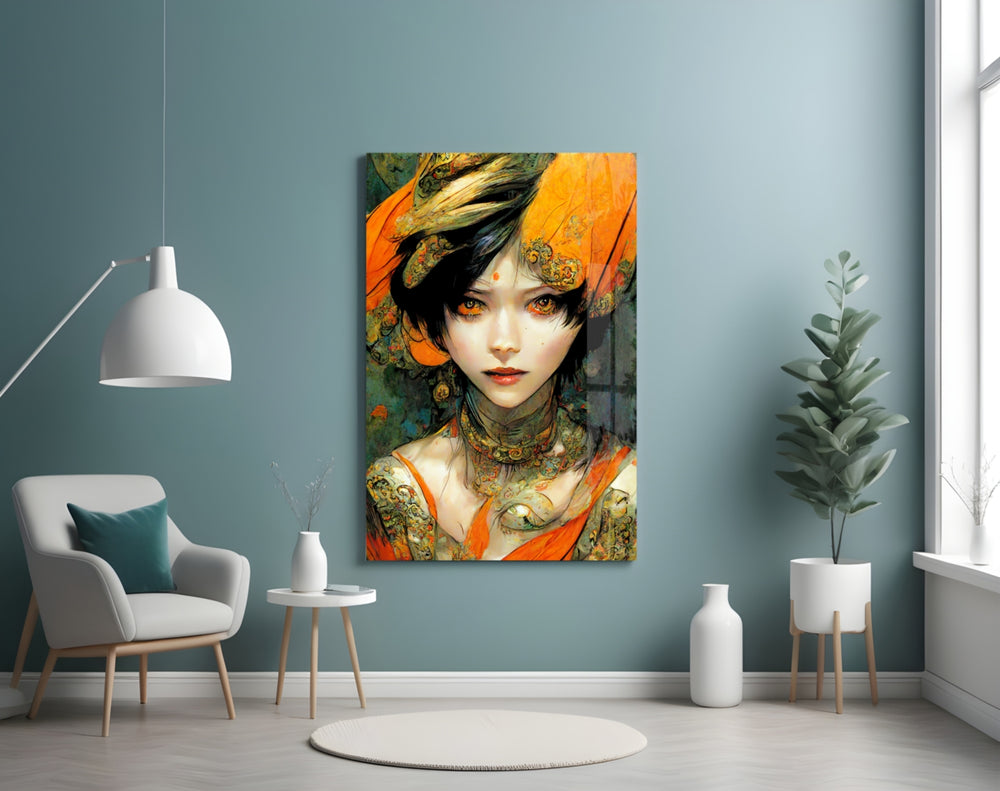 The Elegiac in Eyes glass wall art styled above a sideboard in a living room