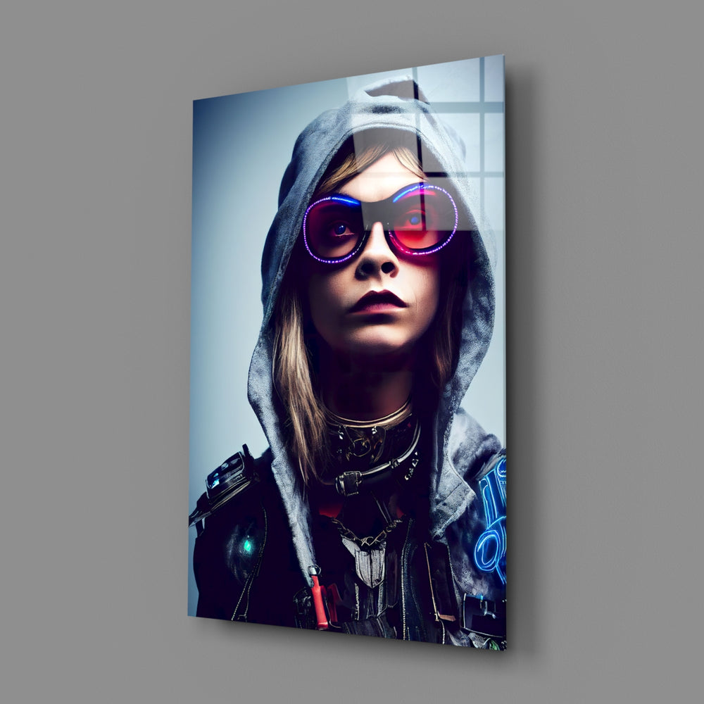 Cyberpunk-portrait panel bringing electric pulse to a contemporary teen lounge