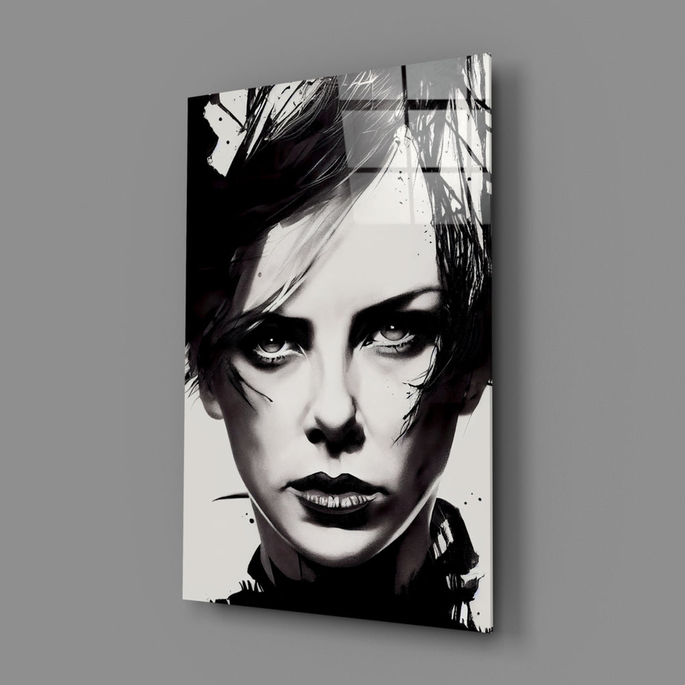 Ink-portrait panel bringing raw intensity to a contemporary hallway