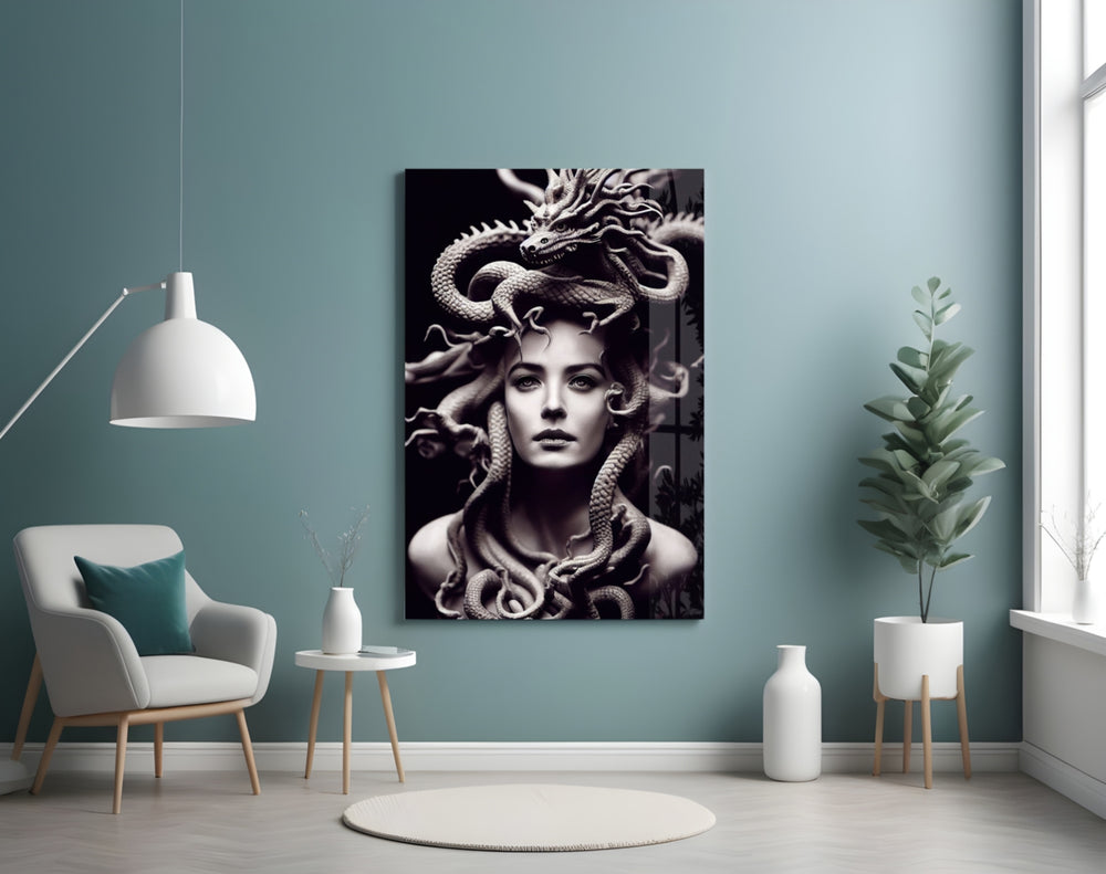 Medusa glass wall art styled above a sideboard in a man cave