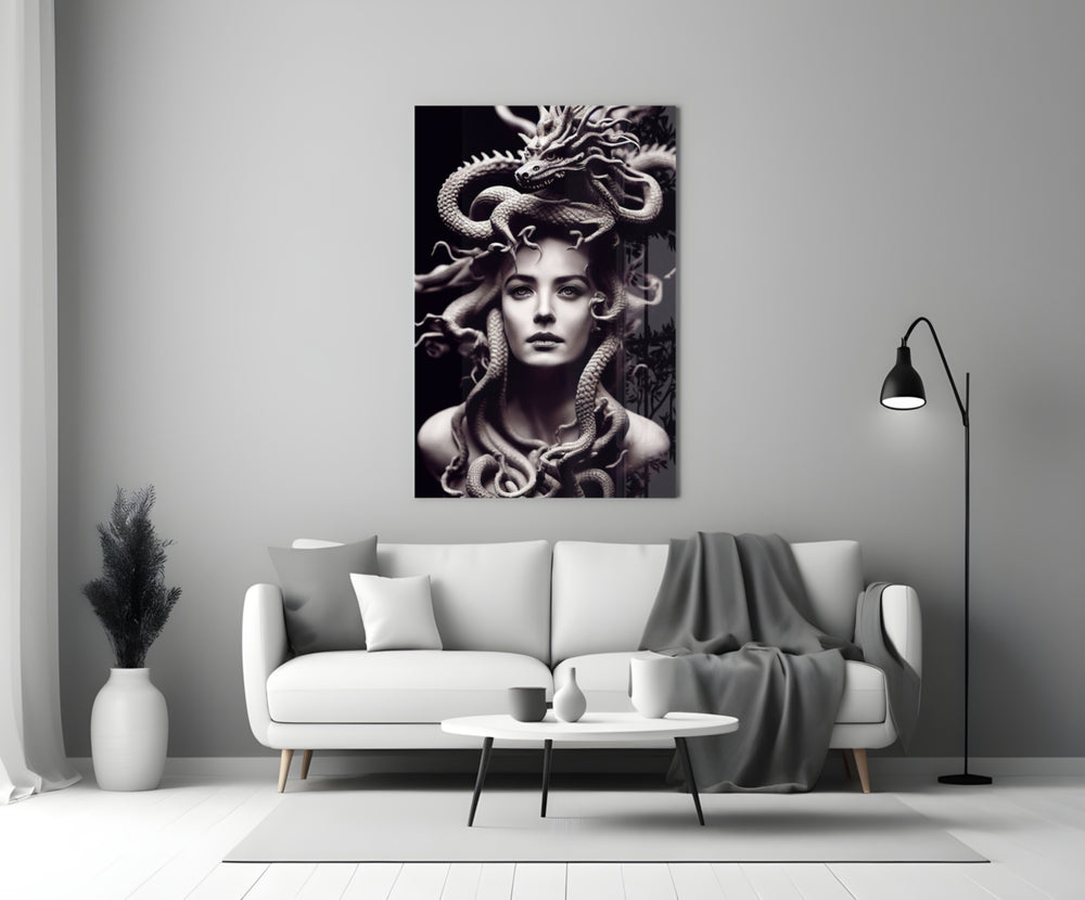 Medusa close-up showing scaled snakes and dragon rising from gorgon's crown